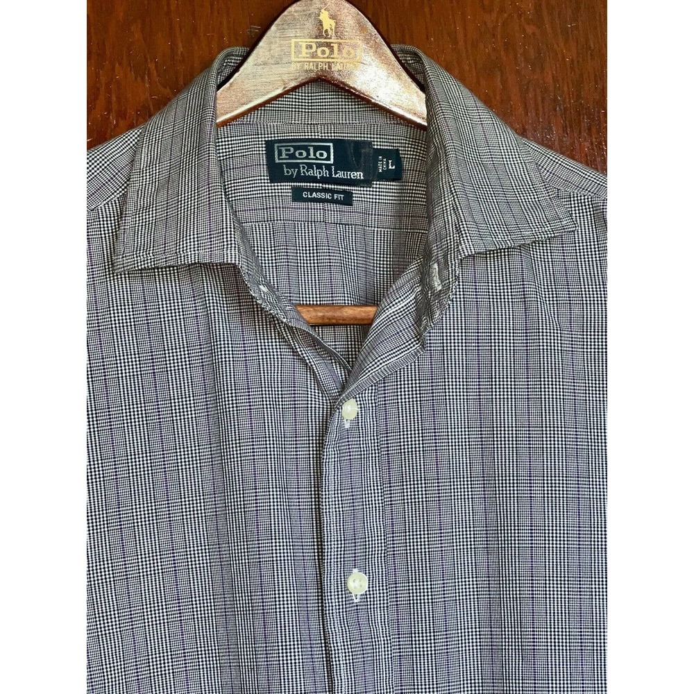 POLO RALPH LAUREN SHIRT PURPLE STRIPE OVER BLACK & WHITE PLAID CLASSIC LARGE L